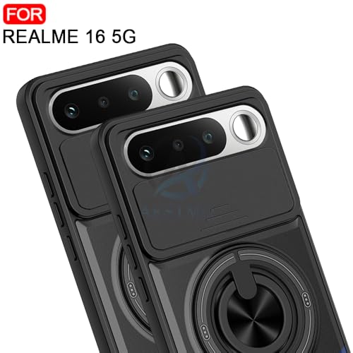 Image of AESTMO Realme 16 5G Back Cover | Armor Camera Slider 360 Degree Rotating Finger Ring Holder Case with Bracket Stand & Camera Protection Back Case Cover for Realme 16 5G (Black)