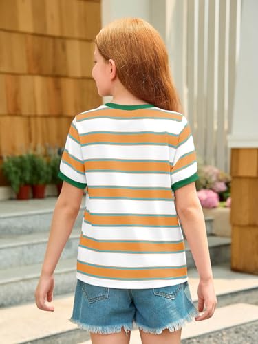 Image of Haloumoning Girls Striped Short Sleeve T Shirts Kids Summer Casual Tops Crewneck Tees Blouses 5-14Y