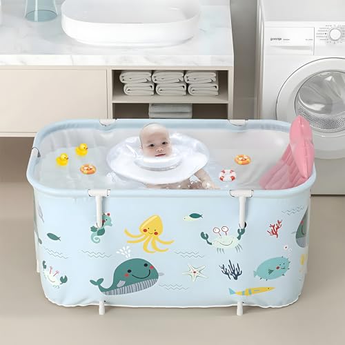 Warmiehomy Faltbare Badewanne, 120X50X55cm Tragbare Klappbadewanne mit Kissen und Rückenlehne, Heißes Bad Eisbad SPA Badewanne für Dusche, Mobile Badewannes für Erwachsene Kinder, Ozean-Stil