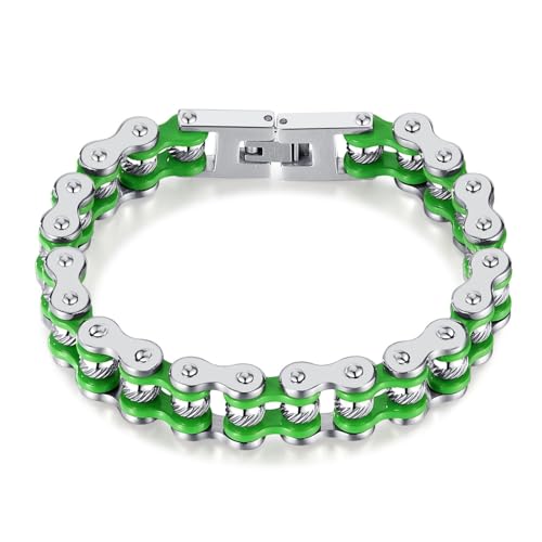 ATEIELLI Homme Bracelet Acier Inoxydable Moto Chaîne Longueur 20,5 cm Largeur 1,3 cm Bicolore Design b303 (Vert argenté)