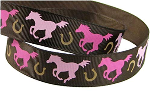 Q-Yo 7/8" Grosgrain Fabric Ribbon Cowgirl/Horse Set For Gift Package Wrapping, Hair Bow Clip Accessory Making, Crafting, Wedding Decor...(5Yd 7/8" Pink Horse/Horse Shoe--Brown) #TOP10