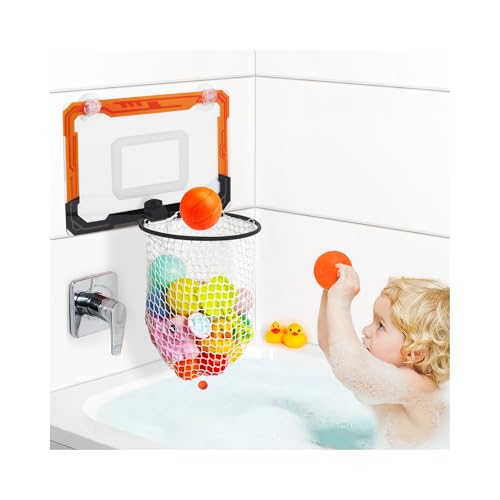 QPJ Baby Bath Toy Storage Organizer with Strong Adhesive Suction Cups Secure Hold Bath Basketball Hoop Large Capacity Bath Toy Holder for Quick-Dry and Release of Toys for Tub 2-in-1 Fun & Storage