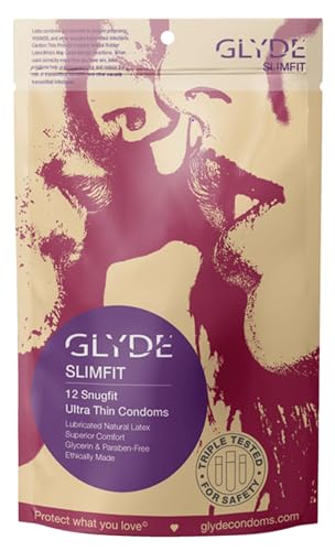GLYDE Slimfit - Snug Fit Condoms - 12 Count - Ultra-Thin, Vegan, Non-Toxic, Smaller Size Natural Rubber Latex - 49mm for Tighter Fit