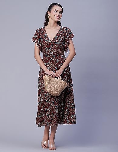 Image of Moomaya Women's Printed Dress, V-Neck, Short Sleeves, Ruffled Midi Summer Dress
