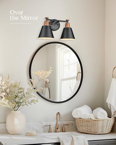 Image of FEMILA Modern 2 Light Bathroom Vanity Lights, Industrial Bathroom Light Fixtures Over Mirror, Black Vanity Lighting Fixtures, Woodgrain Finish, 4FG59B-2W BK-NW