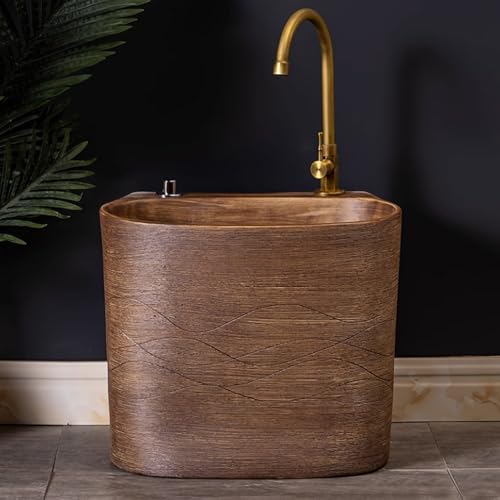 Freestanding Ceramic Mop Sink with Button Drainage, Utility Wash Basin for Laundry Room, Bathroom, Garage & Outdoor Use - Includes Faucet, Floor Mount Design