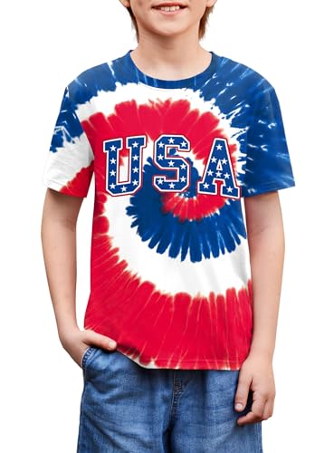 Image of BesserBay Unisex Kids 4th of July American Flag Tee Tie Dye Patriotic Short Sleeve Shirt 6-14 Years