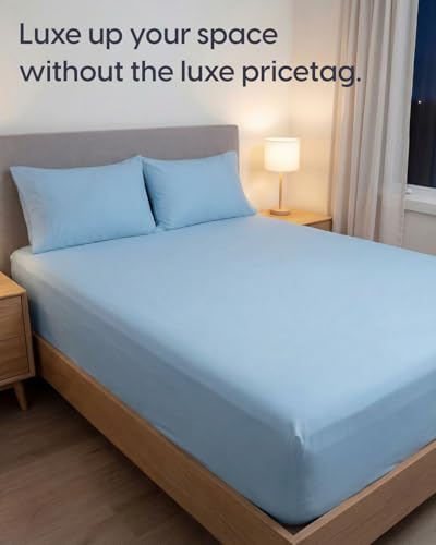 Image of Sleepy Town Split King Size Bed Sheets - 4 Piece - NO Flat Sheet Included - Split King Sheet Set - Soft, Comfy & Cooling - Easy Care - Wrinkle & Fade Free - Brushed Microfiber Bed Sheets (Light Blue)