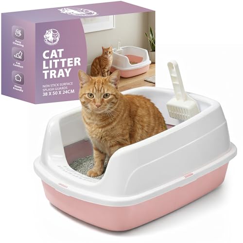 Rex & Roxy Cat Litter Tray | Litter Tray With Scoop | Cat Littering Box | Kitten Littering Trays With Open Top Large Trays With Detachable Rim Non Stick Surface Splash Guards | 50x38x24cm (Pink)