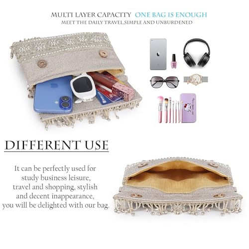 Image of Nevis PU Silk Fabric Women's Embellished bride Clutch with Pearl Handle | Fancy Designe & Wedding Potli Bag for Festive & Evening