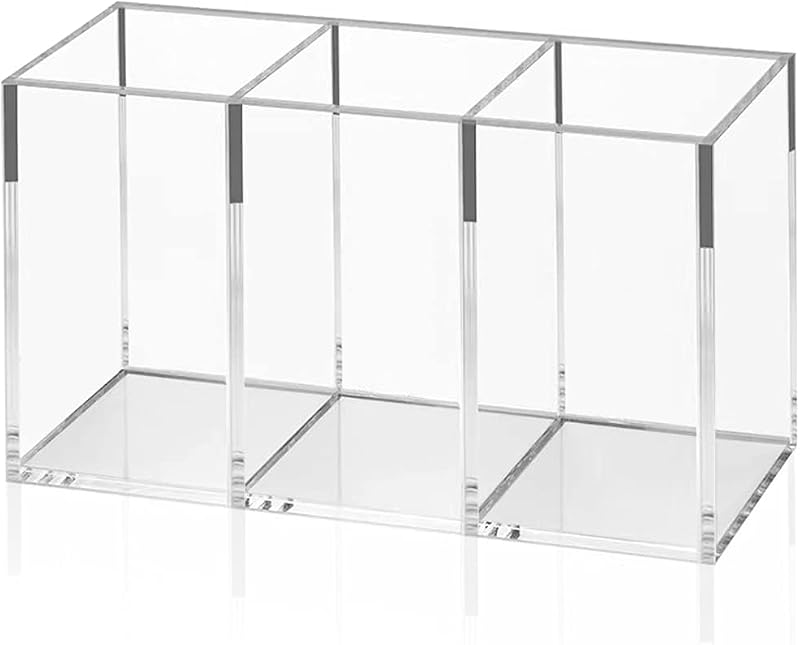 NIUBEE Portalápices acrílico con 3 compartimentos, organizador de lápices transparente para almacenamiento de accesorios de escritorio en la encimera | Acrílico grueso resistente a los arañazos con 3 ranuras para bolígrafos, lápices, brochas de maquillaje, oficina, tocador y uso escolar.