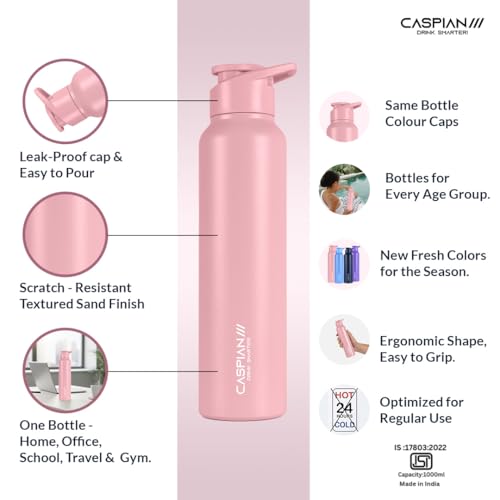 Image of CASPIAN / / / HIke ISI Certified Stainless Steel Water Bottle 1 ltr. (Peach, 1 Litre) | Leak Proof Sipper for Fridge Home Office Travel School Kids Boys Girls Adults Sports Gym Yoga Gift | BPA Free