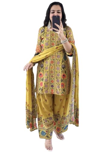 Image of ANNI Designer Kurta Sets for Women Viscose Printed | Kurti Set for Woman | Straight Kurta Narrow Farshi Salwar Dupatta Set | 3 Piece Set Women | Round-Neck 3 /4 Sleeve Regular Stylish Ethnic Outfit