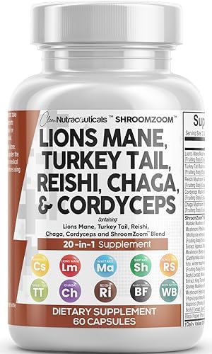 Clean Nutraceuticals Lions Mane 3000mg 20in1 Mushroom Supplement with Turkey Tail 2000mg Reishi 1000mg Cordyceps Chaga 1000mg Maitake Meshima Poria Cocos Shiitake Oyster Porcini Enoki 60 Count