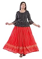 Women's Rayon Floral Printed Top & Skirt Set (Black Red-L)