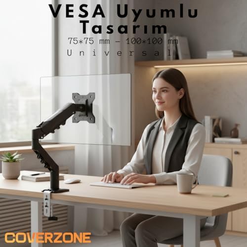 Coverzone 17–32 İnç Amortisörlü Tekli Pivot Monitör Kolu, Gazlı Yaylı, 2–9 Kg, Çift Montaj Seçeneği Sıkıştırma ve Vidalama, 360° Döner, VESA Uyumlu Stant, F80, Siyah - Görsel 4