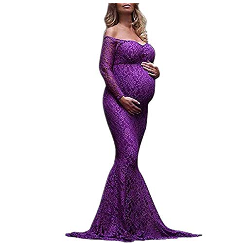DOTBUY Vestido de Maternidad Fotografia, Embarazada Encaje Floral Cuello en V Profundo Ver a Través de Encaje Sexy Mujer Boda Apoyos Manga Larga Vestido