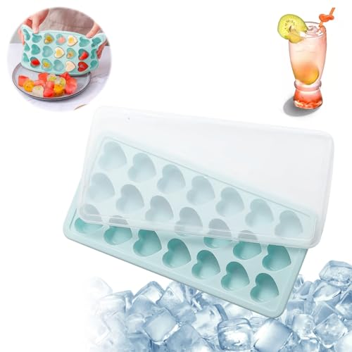 21 Cavidades Cubiteras para Hielo con Tapa, Bandeja de Hielo de Corazón de Silicona Moldes, Molde para Cubitos de Hielo, Libre de BPA,Cubitera de Hielo para Bebés, Cola,Cócteles, Cola, Whisky (Azul)