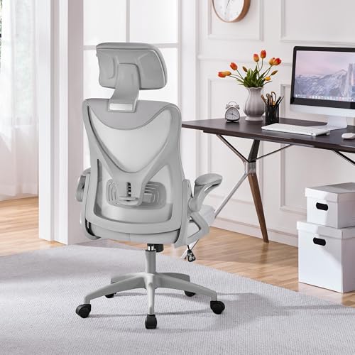 Image of Yaheetech Ergonomic Office Chair with Headrest, Lumbar Support, Grey | Breathable mesh high-back adjustable headrest, padded seat, and flip-up armrests supports your back and neck, holds 300lb