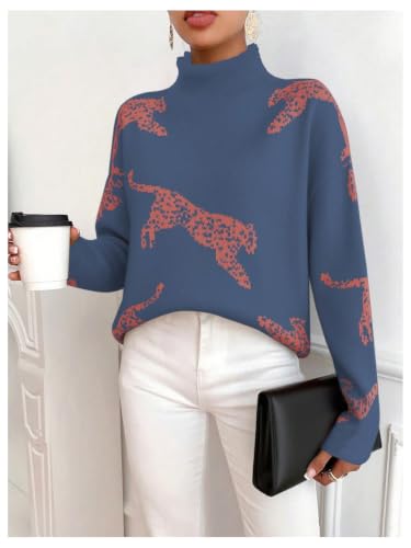 Image of WDIRARA Women's Leopard Tiger Print Sweater High Neck Long Sleeve Fuzzy Knitted Pullover Top