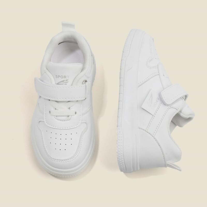Kids White Sneakers with Hook and Loop Closure, Perforated Design, Non-Slip Sole4