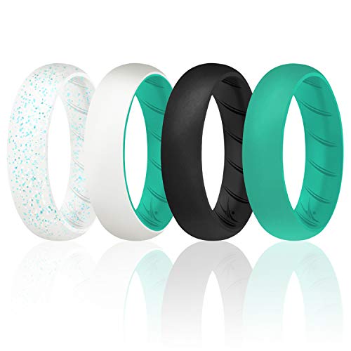 ROQ Silicone Rings for Women, Breathable Silicone Rings, Sets of 4 Bands, Unique Silicone Wedding Ring for Women, Medical Grade Silicone Rubber Band - Turquoise, Black, White Colors - Size 11