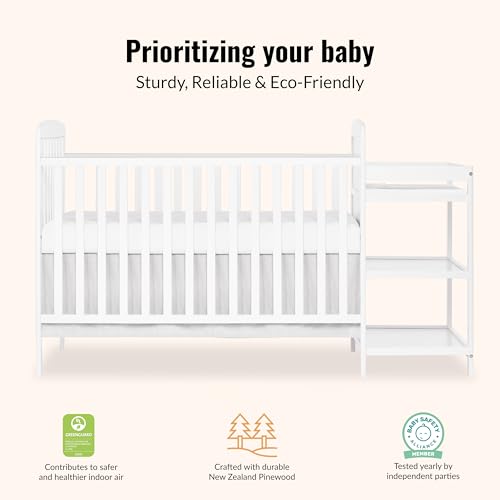 Image of Dream On Me Anna 3-in-1 Convertible Full-Size Baby Crib & Changer with Storage in White, GreenGuard Gold & BSA, Pinewood, Converts to Day & Toddler Bed, 3 Mattress Heights, 1″ Changing Pad