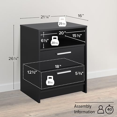 Image of Prepac Studio Essentials Nightstand Bedside Table, Black Nightstand for Bedroom, End Table with 2 Drawers and Open Shelf 16 inch D X 21.25 inch W x 26.25 inch H