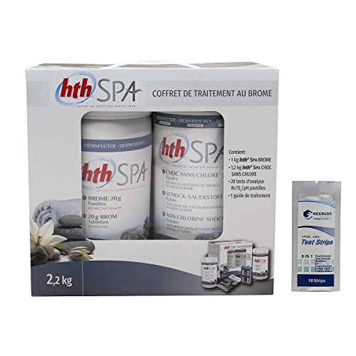HTH Spa Petit Coffret DE Traitement AU Brome - 2,2kg | Kit Traitement et Entretien Essentiel - Désinfection Régulière et Choc sans Chlore + 10 Tests HPS OFFERTS 6 en 1