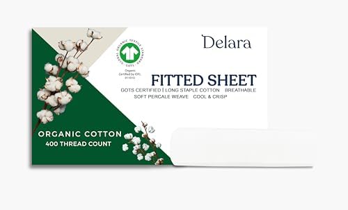 Delara 100% Organic Cotton Percale Weave Sheet, 400 Thread Count GOTS Certified, Smooth & Moisture-Wicking, Soft & Silky Breathable Bedding (White, Queen Fitted Sheet Only) - Thumbnail 2