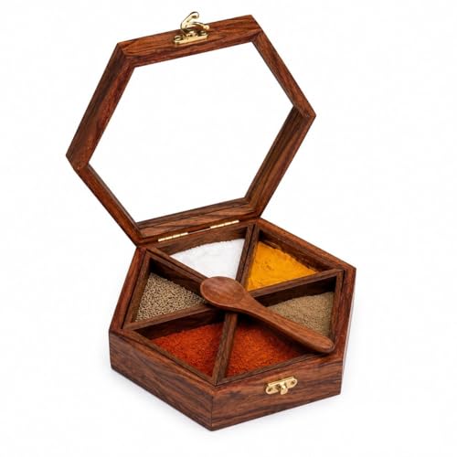 Image of Sheesham Wooden Table Top Masala Dabba Containers Jars & Kitchen Spice Box with Spoon Masala Box For Kitchen (Sheesham Wood, Removable Partitions, Brown), 50 Ml