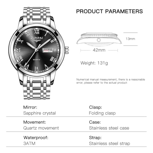 Image of ZUNPAI Watches for Man Analog Quartz Stainless Steel Strap Men Watches Classic Large Roman Numerals Mark Easy to Read Watch with Day Date Waterproof Luminous Mens Watch