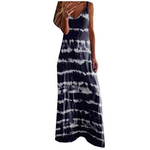 LOSVIP Frauen-Rundhalsausschnitt, ärmellos, Farbverlauf, gestreift, lässig, böhmisches Maxikleid, Party-Damenkleid Cover