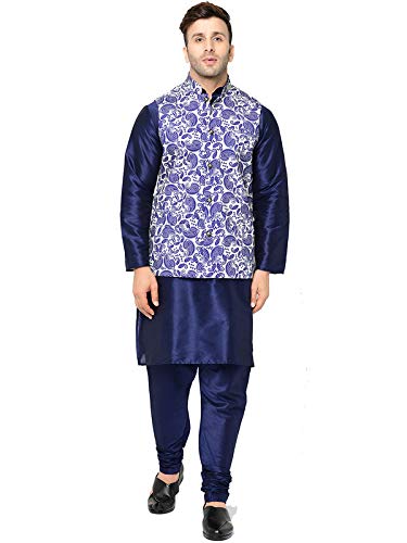 Image of SAIFOO Men's Silk Navy Blue Kurta Pyjama & Printed Nehru Jacket