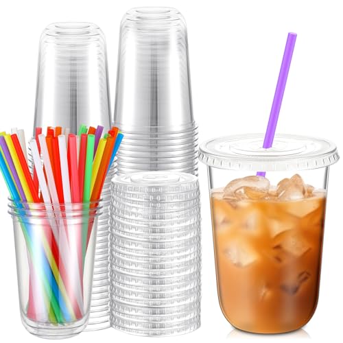 Ziliny 50 Pack 16 oz Plastic Cups with Lids Straws Disposable Coffee Cups