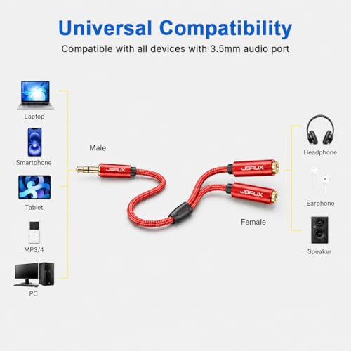 Image of JSAUX 2Pcs Headphone Splitter 3.5mm, 2 Female to 1 Male Audio Stereo Y Splitter Cable, Dual Headphone Adapter Compatible with PS5, Xbox, Switch, PC Gaming Headsets, Phone, Tablet, Laptop and More-Red