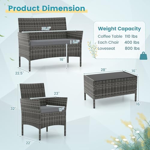 ORALNER 4 Pieces Patio Furniture Set, Outdoor Wicker Conversation Set, Rattan Chairs Loveseat with Soft Cushion and Glass Table for Balcony Porch Backyard Garden Poolside (Gray) - Image 3