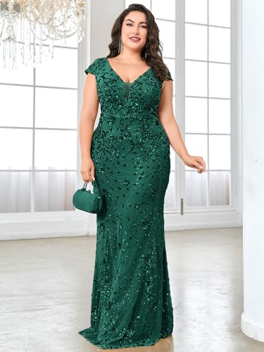 Image of Plus Size Womens Sequined Long Evening Gown Glamous Sleeveless V-Neck Mermaid Prom Dress for Wedding Party