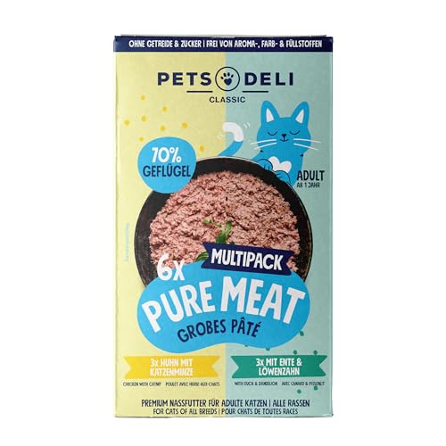 Pets Deli Pure Meat Katzen Nassfutter Multipack Huhn & Ente, ideal für wählerische Katzen, feine Pastete mit hohem Fleischanteil, getreidefrei, ohne Zucker, 6x85g, Premium Qualität