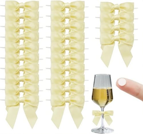 100PCS Twist Tie Bows, BetterJonny Handmade Small Pre Tied Gift Wrap Satin Bows Ribbon for Wedding, Birthday, Baby Shower, Treat Bags, Party Decorations,Light Yellow