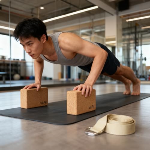 VLFit 2 stycken kork-yogablock med 00 % bomullsrem, miljövänlig, tillverkad av naturkork, set med 2 block och rem och en yogarem med D-spänne