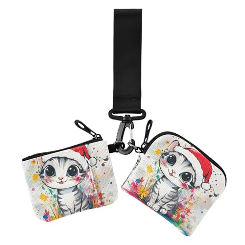 Cartoon Cute White Merry Christmas Cat Women's Wallets Card Cases Slim Portable Key Chain Wallet Change Purse with Zipper Pocket for Lady 2 Pcs