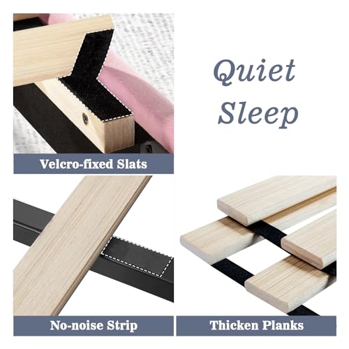 Image of Allewie Queen Bed Frame /Velvet Upholstered Bed Frame with Vertical Channel Tufted Headboard /Strong Wooden Slats /Platform Bed Frame /Mattress Foundation /Box Spring Optional /Easy Assembly /Pink