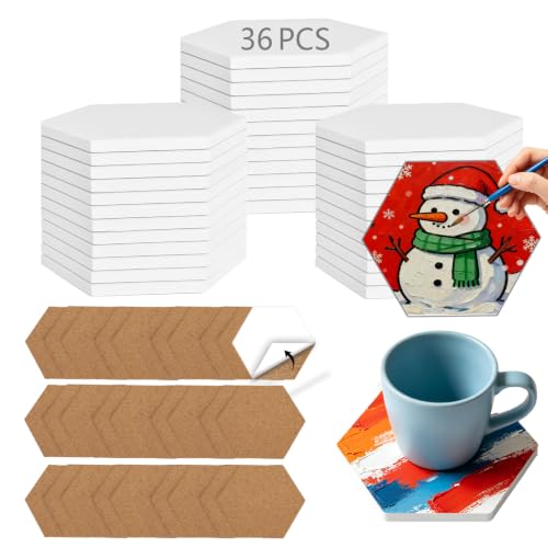 36 PCS Hexagon Ceramic Tiles for Crafts 4x4 inches and self-Adhesive Cork mat,unglazed Ceramic Coasters for Crafts Use with Alcohol Ink or Acrylic Pouring Make Your Own DIY Coasters