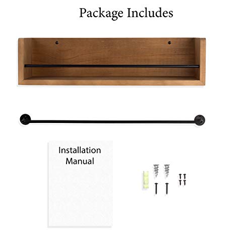 Rustic State William Wall Mount Wood Floating Shelf With Rail & Towel Bar For Kitchen Bathroom Bedroom Nursery Laundry Living Room Décor Storage - Spice Rack Display - 22.25 Inch - Walnut #TOP3