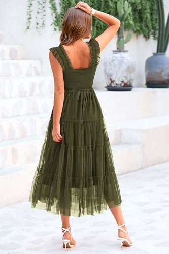 PRETTYGARDEN Women's Summer Tulle Midi Dress Sleeveless Smocked Ruffle Mesh Flowy Dresses Party Wedding Guest Sundress