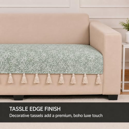 Image of STITCHNEST 'Verdant Phool Stories' 1 Seater Sofa Cover| Elegant Jacquard Fabric, Decorative Tassels, Washable & Durable for Modern Living