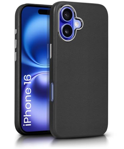 Image of WOW IMAGINE Back Cover for iPhone 16 | Shockproof Tough Leather Texture Hard Mobile Case | Ultra Slim Non-Slip Grip | Inner Velvet Fabric | Metal Camera Ring - Black