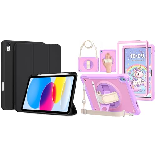 ProCase ProCase Black Hybrid Case and Purplepink Kids Case Bundle for iPad A16 11th Gen 11-Inch/iPad 10th Gen 10.9-Inch, Pencil Holder, Soft TPU Back, Full-Body Shockproof Protection, Rotatable Stan