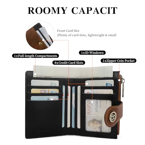 Image of Leather Wallet Women,RFID Blocking Slim Compact Card Holder with Zipper Coin Pocket,Top Grain Cowhide Bifold Women's Wallet(brownblack)